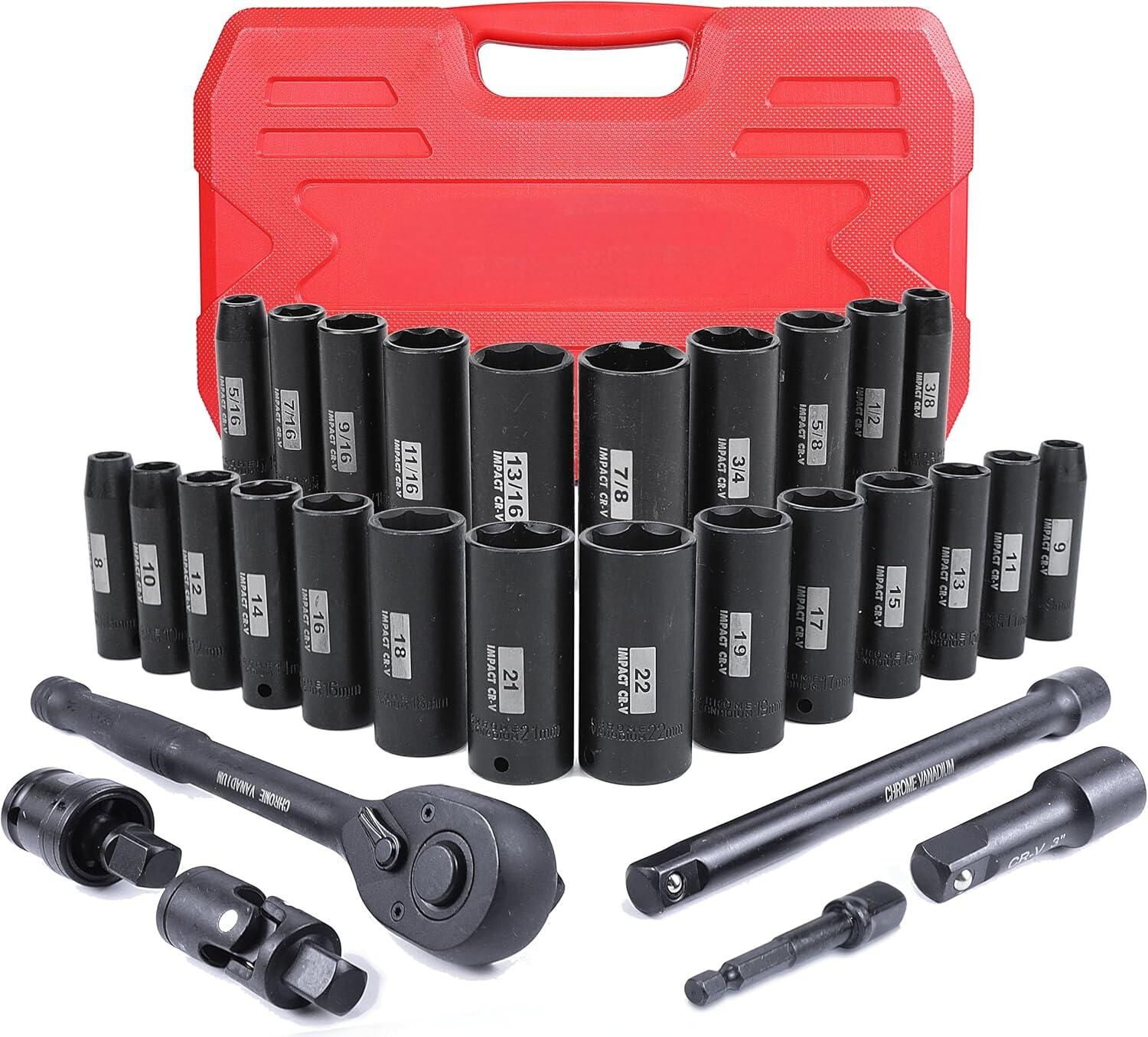 GTYPRO 30 Pieces 3/8″ Drive Master Impact Socket Set Includes Extension Bar Adapters & Ratchet Handle